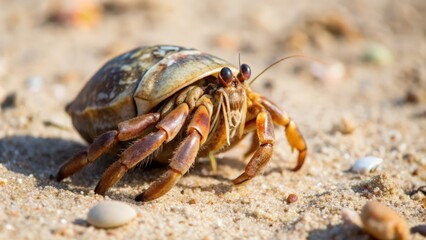 Close-up of a Hermit Crab Walking on Sandy Beach