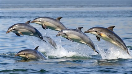 Fototapeta premium A pod of five dolphins leaping out of the ocean