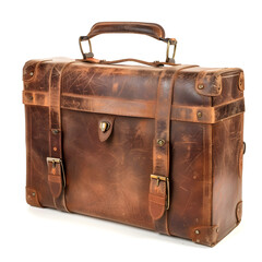 Old, brown leather suitcase is standing upright, showcasing its vintage appeal and evoking a sense of travel and adventure