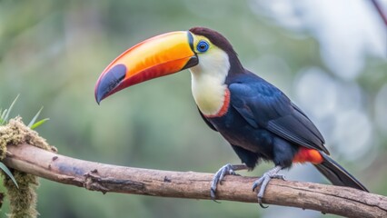 Obraz premium A Vibrant Toucan Perched on a Branch with a Strikingly Colored Beak