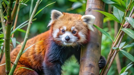 Naklejka premium Red Panda Perched on a Tree Branch in a Lush Green Forest