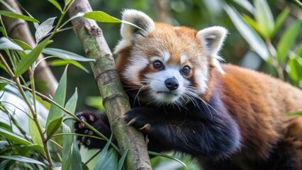 Fototapeta premium Red Panda Clinging to a Bamboo Branch in Lush Foliage