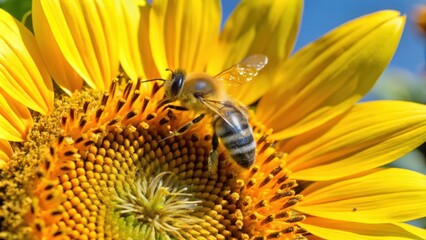 Close-up of a Bee Gathering Pollen on a Sunflower