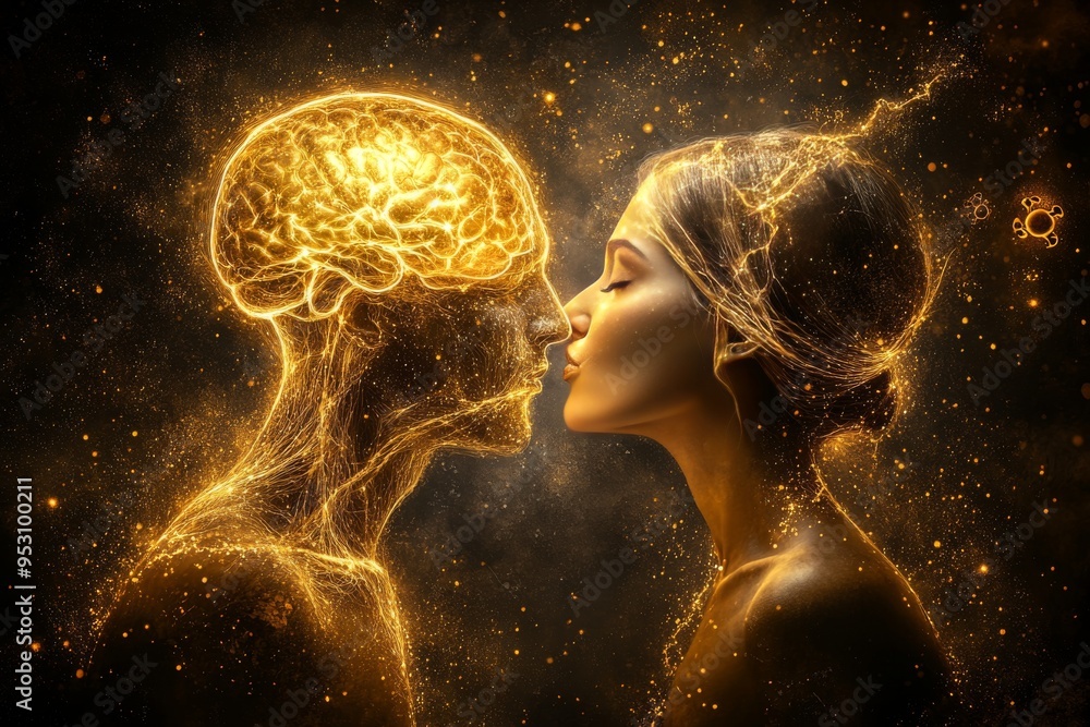 Poster two figures with glowing golden brains facing each other symbolizing the brilliance connection and e