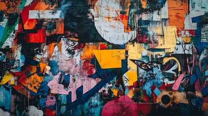 Fototapeta premium Urban mural with vibrant graffiti bright colors and a diverse crowd bold and edgy design with strong lines and 3D-rendered graffiti