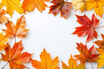 Fototapeta premium Autumn Maple Leaves Flat Lay White Background created with Generative AI