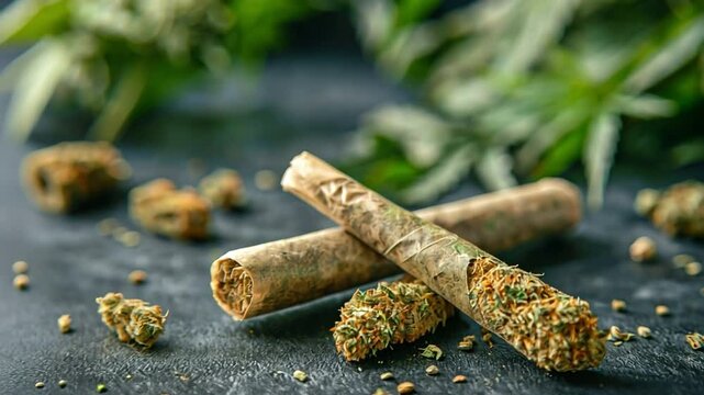 Rolling a blunt cannabis joint and placing a cannabis bud or flower on the table
