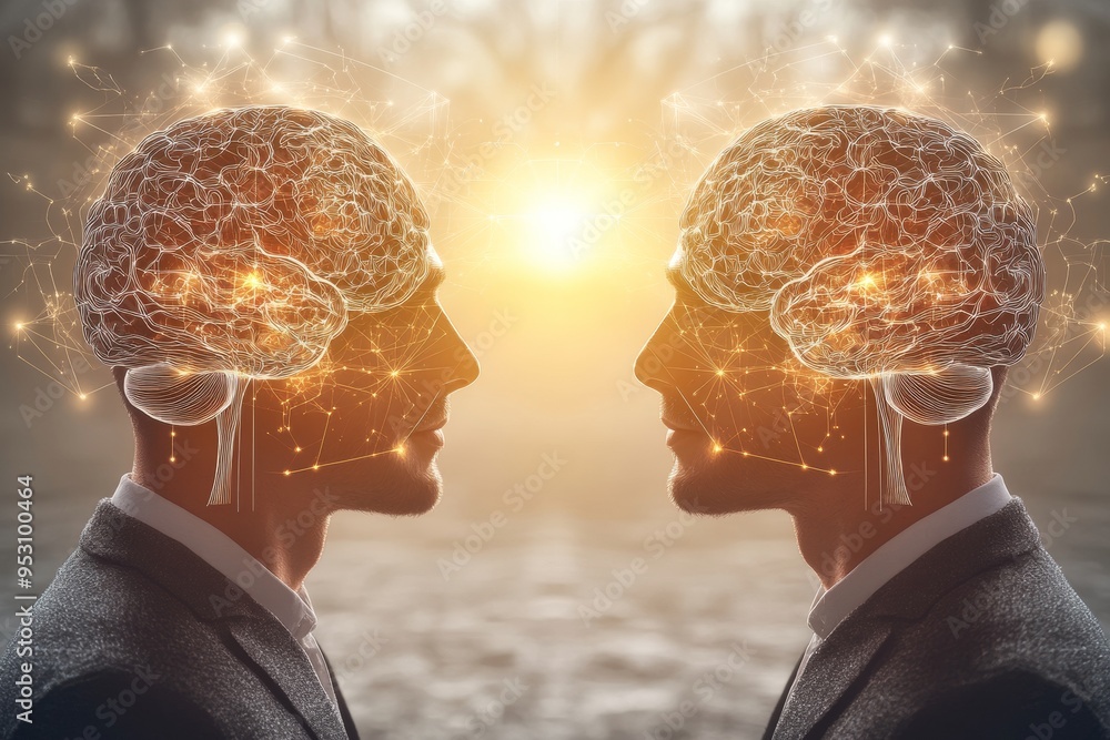 Poster two individuals with brains connected by glowing neurons symbolizing shared thoughts communication a