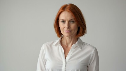 Obraz premium adult red hair white woman in white shirt model portrait standing straight on a plain white background for ad concept space for text