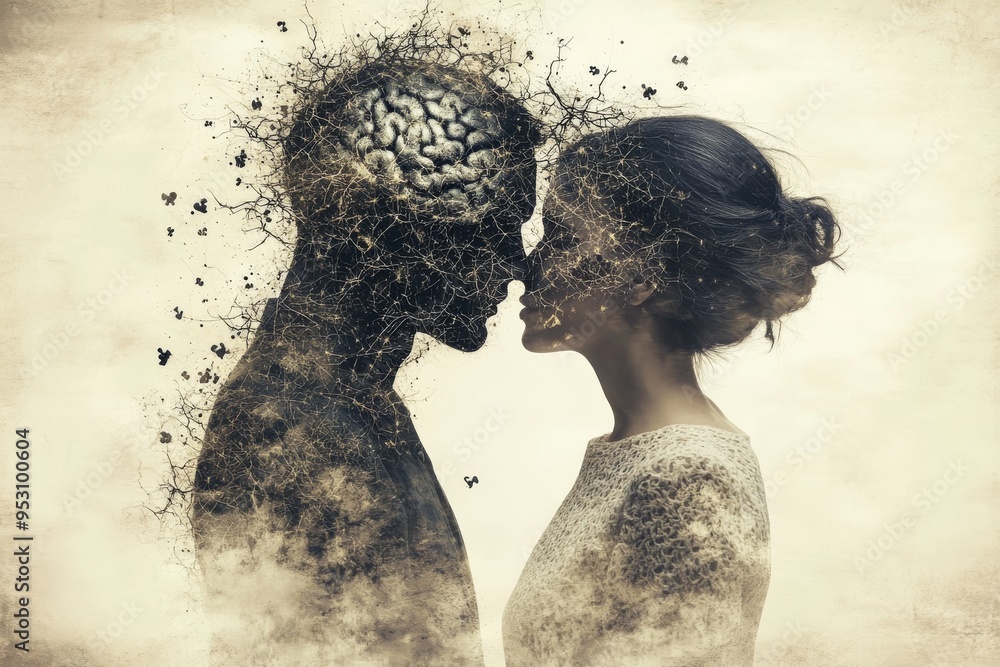 Poster a couple with fragmented faces merging into an abstract digital composition symbolizing the blend of
