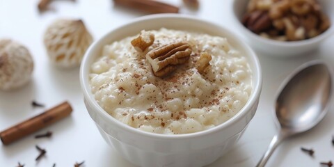 Creamy rice dessert topped with cinnamon and walnuts served in a bowl with a spoon on a light surface, ideal for breakfast.