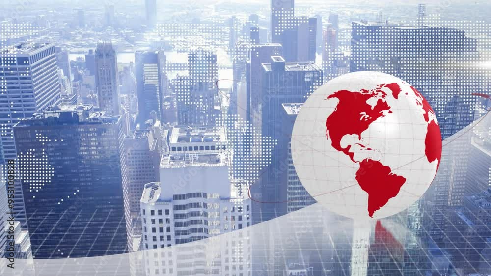 Poster digital globe and data points animation over cityscape with skyscrapers