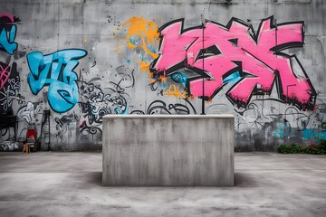 A concrete podium with a raw industrial feel and a graffiti covered wall in the background, Ai...