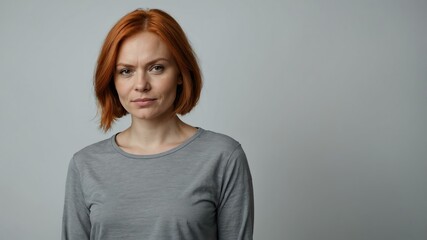 Obraz premium adult red hair finnougric woman in gray shirt model portrait standing straight on a plain white background for ad concept space for text