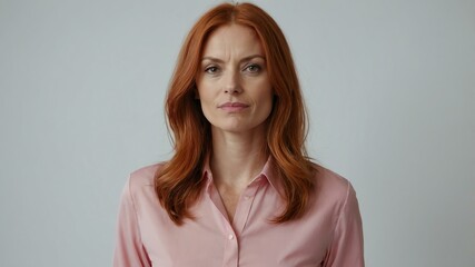 Obraz premium adult red hair european woman in pink shirt model portrait standing straight on a plain white background for ad concept space for text