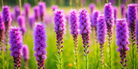 Obraz premium Vibrant purple liatris flowers blooming in a lush green meadow, swaying gently in the breeze on a warm summer day, evoking feelings of serenity
