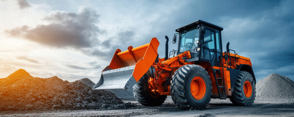 An orange bulldozer at a construction site, with large wheels and a front loader, prepared for heavy-duty work under a cloudy sky.