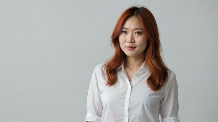 Obraz premium adult red hair east asian woman in white shirt model portrait standing straight on a plain white background for ad concept space for text