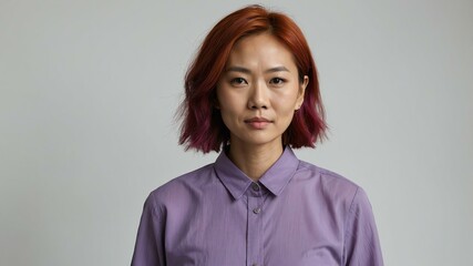 Fototapeta premium adult red hair east asian woman in purple shirt model portrait standing straight on a plain white background for ad concept space for text