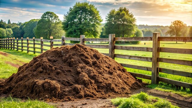 Fresh manure pile by wooden fence in rural farm setting