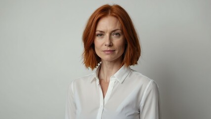 Fototapeta premium adult red hair caucasian woman in white shirt model portrait standing straight on a plain white background for ad concept space for text
