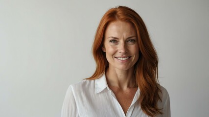 Obraz premium adult red hair caucasian woman in white shirt model portrait standing straight on a plain white background for ad concept space for text