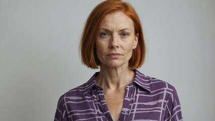 Obraz premium adult red hair caucasian woman in purple shirt model portrait standing straight on a plain white background for ad concept space for text