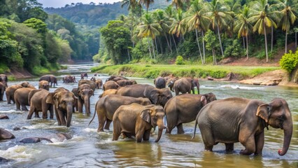 A Herd of Elephants Crossing a River in a Lush Tropical Setting