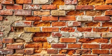 Close up of an old weathered brick wall with missing mortar and rustic charm