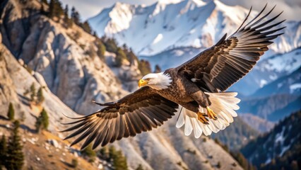 Fototapeta premium Bald Eagle in Flight Over Snow-Covered Mountain Range