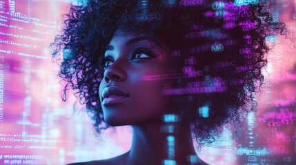 AI cyber security threat illustration, female african american IT specialist analysing futuristic holographic data information. Augmented reality artificial intelligence collage, side profil