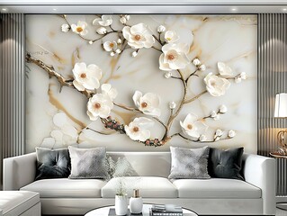 Elegant Living Room with a Luxurious Three-Panel 3D Floral Wall Art Display Above a Cream Sofa - Modern Interior Design Featuring Gold and White