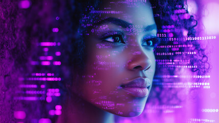 AI cyber security threat illustration, female african american IT specialist analysing futuristic holographic data information. Augmented reality artificial intelligence collage, side profil