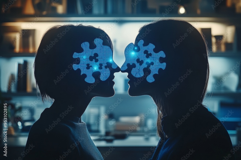 Poster Two individuals with puzzle piece heads facing each other symbolizing the complexity of problem solving connection and intellectual synergy