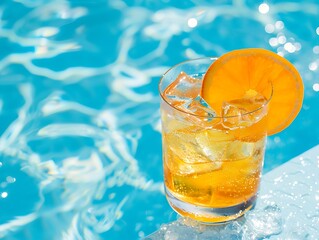 A cold glass of iced tea with a slice of orange against a pool background serves as a refreshing abstract,