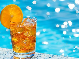 A cold glass of iced tea with a slice of orange against a pool background serves as a refreshing abstract,
