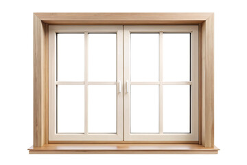 Obraz premium A window with a light wood frame and white grid panels on a transparent background, perfect for homes aiming for a blend of rustic and modern design elements
