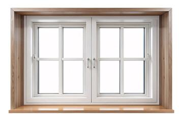 Fototapeta premium A window with a wooden frame and a white cross-hatch design on a transparent background. This two-panel window is suitable for classic or traditional home settings