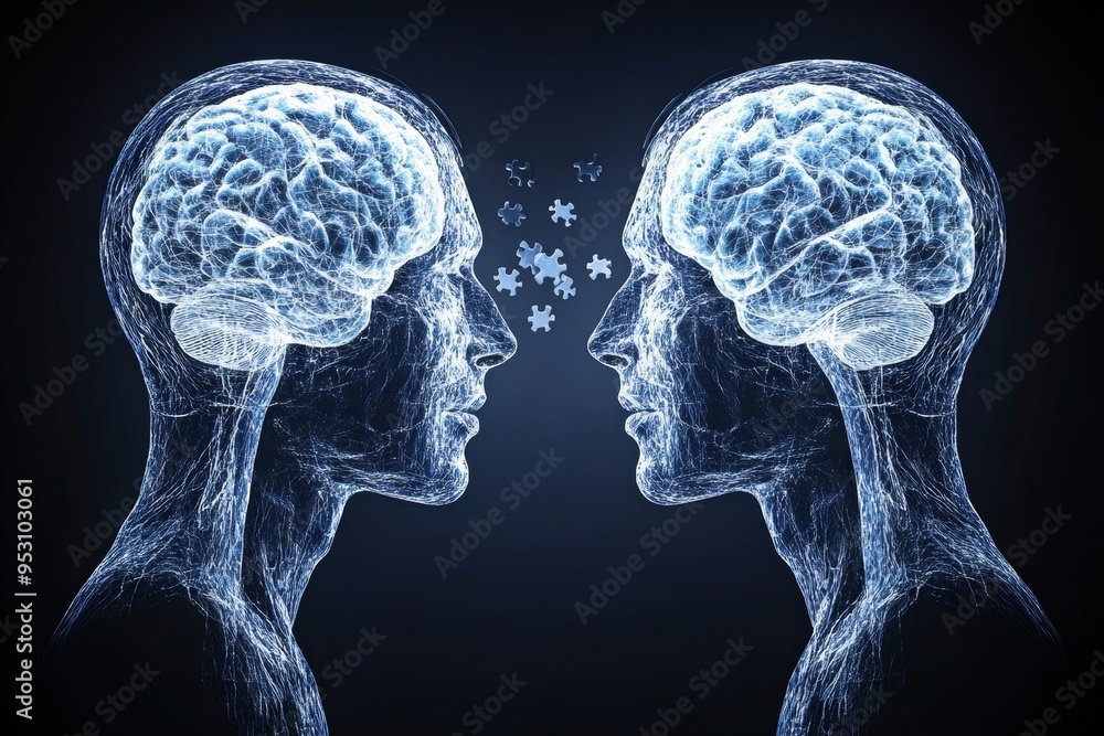 Poster two x ray style heads facing each other symbolizing the transparency of thought shared knowledge and