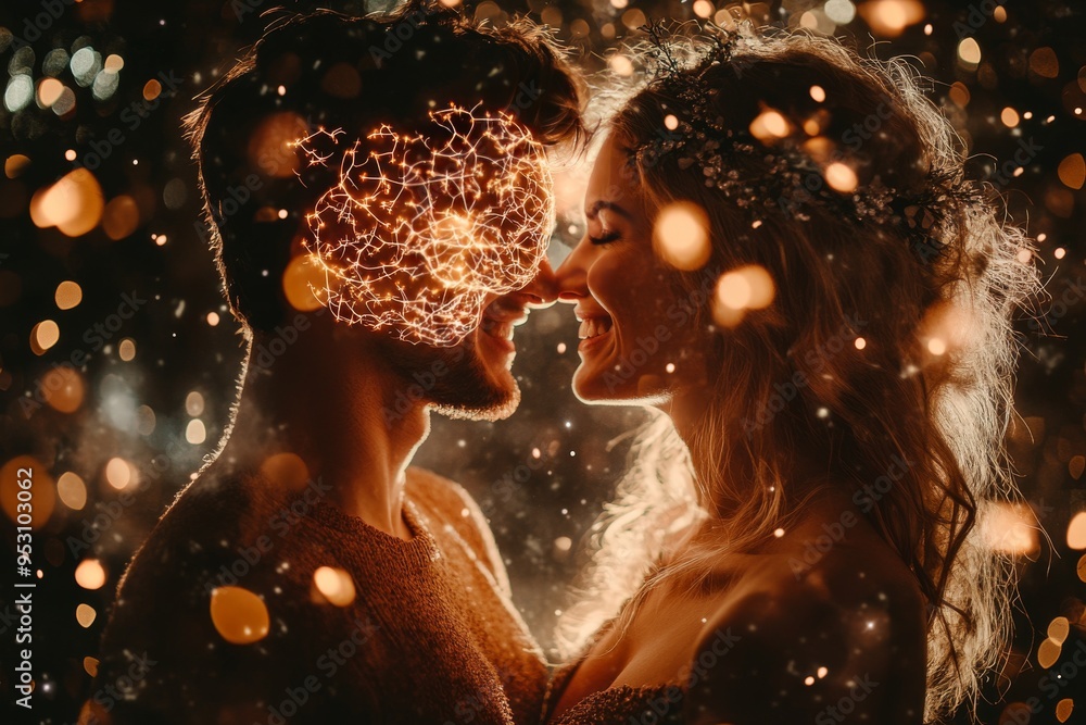 Poster a couple with glowing brain patterns facing each other symbolizing intellectual connection emotional