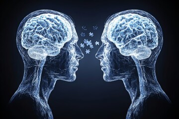 Two X ray style heads facing each other symbolizing the transparency of thought shared knowledge and the intellectual bond of minds