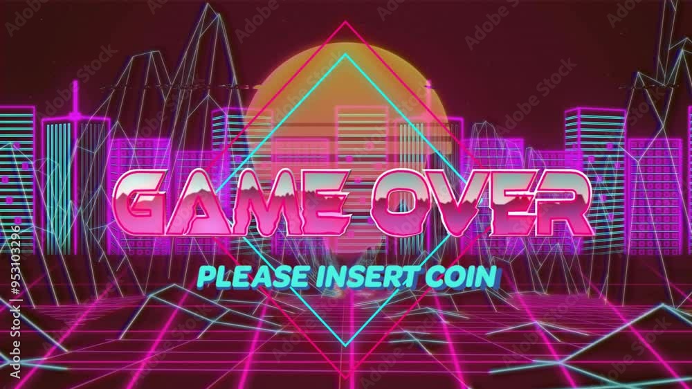 Poster game over text animation over neon cityscape with please insert coin message