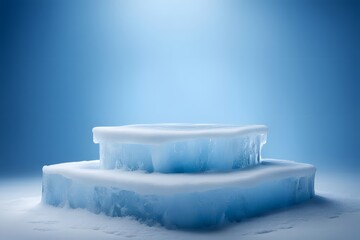 A podium made of ice with frosted surfaces and a cool blue snowy background, AI Generated