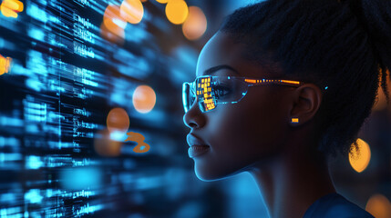 AI cyber security threat illustration, female african american IT specialist analysing futuristic holographic data information. Augmented reality artificial intelligence collage, side profil