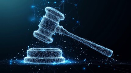 Digital gavel representing online justice and legal technology for futuristic court systems and cyber law enforcement.