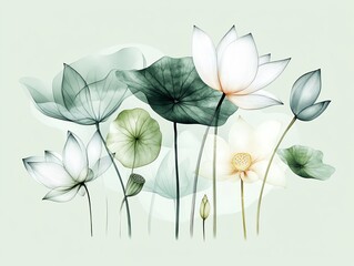 Elegant artistic representation of lotus flowers and leaves on a light green background, showcasing delicate translucent petals and soft hues.