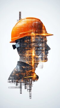 Double exposure of a male engineer with a construction site silhouette, representing planning, architecture, and development.