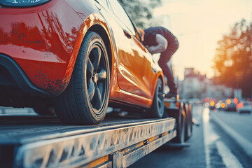 Loading a broken car onto a tow truck on the roadside
