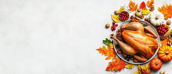 Top view of roasted turkey with autumn leaves and seasonal decoration on a light background, perfect for Thanksgiving and holiday themes.