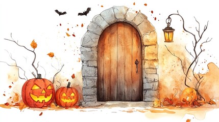 Watercolor Halloween scene with pumpkins, bats, and a rustic door. Autumn atmosphere with falling leaves and lantern.